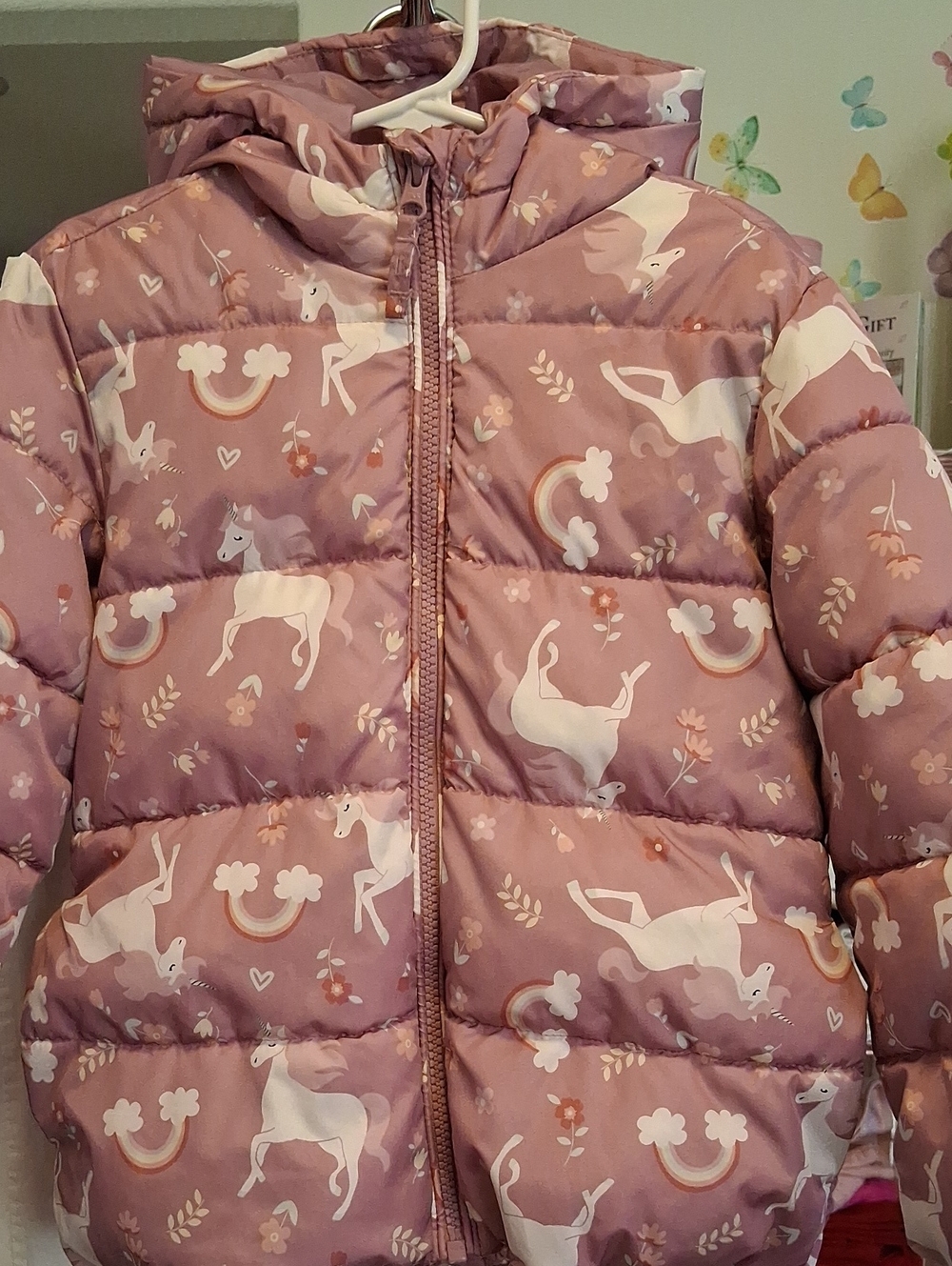The Children's Place Mauve Pink Unicorn Print Puffer Jacket with Hood